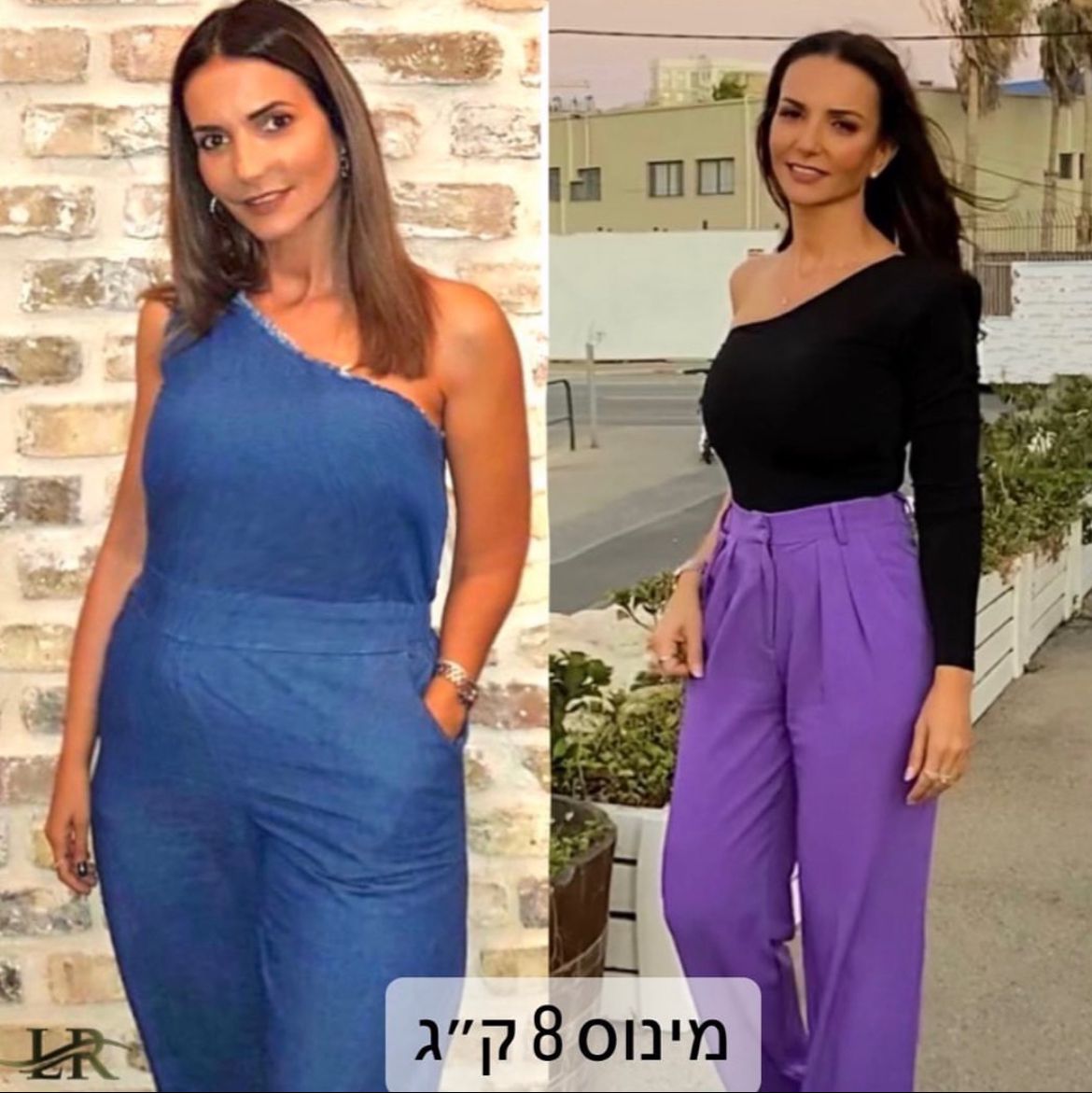 תמונה של שתי נשים לפני ואחרי תהליך ירידה במשקל, משמאל בג'מפסוט כחול ומימין בחולצה שחורה ומכנס סגול.